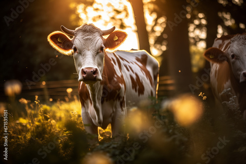 Vaca malhada no campo com árvores ao por do sol - Papel de parede