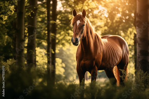 Cavalo marrom no campo com árvores ao por do sol - Papel de parede photo