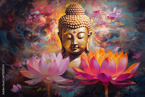 Abtract painting of golden buddha and lotus