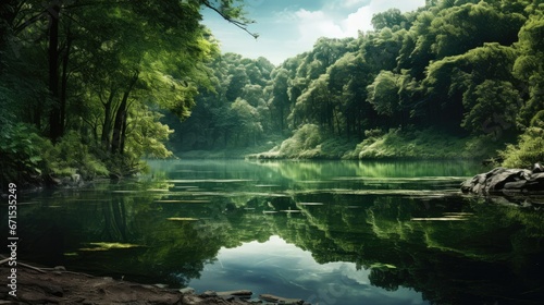  a river surrounded by lush green trees and a forest filled with lots of leafy trees and a blue sky.  generative ai © Anna
