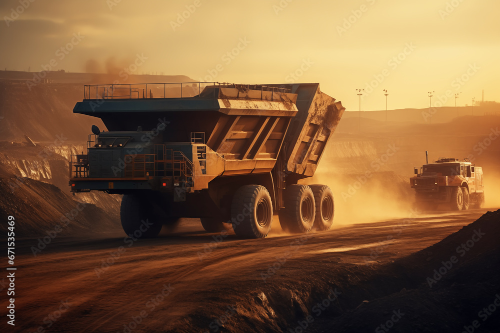 Mining truck in opencast on sunset. Electric EV futuristic mining truck in open-pit. Haul truck with bucket. Electric dump truck in a quarry during mining, future concept. AI Generative Illustration