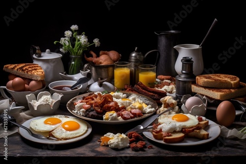 A delectable spread of eggs, bacon, hash browns, black pudding, mushrooms, and toast - ideal for brunch-themed projects. Generative AI