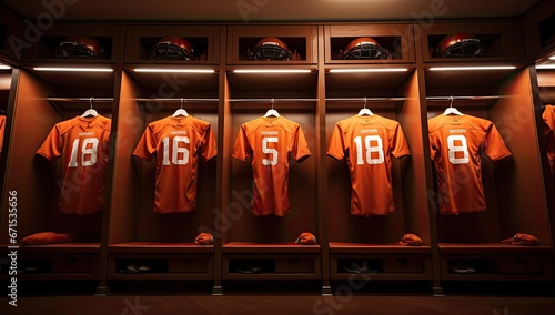 row of orange football uniforms hanging in a closet in locker room. 