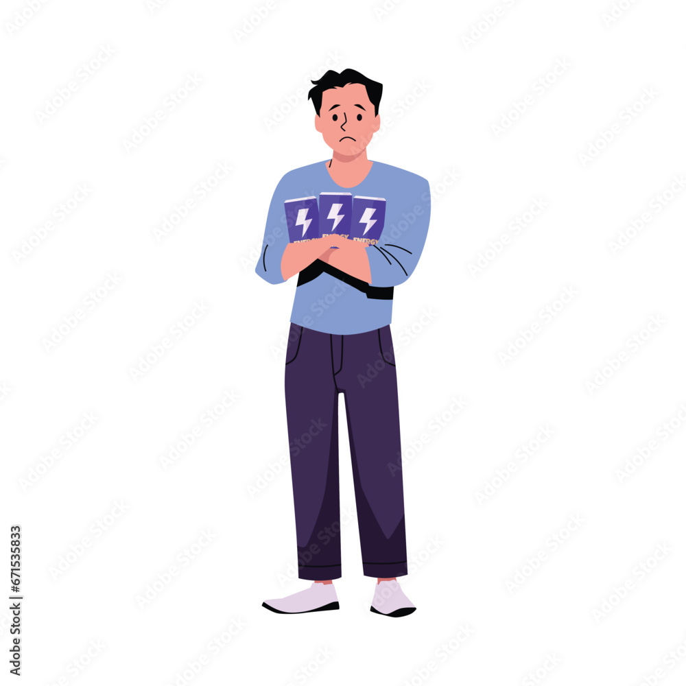 Tired man with a cans of energy drink, vector bored worker needs life power, emotional burnout and low vitality Tired man with a cans of energy drink, vector bored worker needs life power, emotional burnout and low vitality