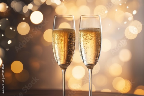 Champagne glasses with sparkling wine on blurry lights celebration of New Year's Eve background