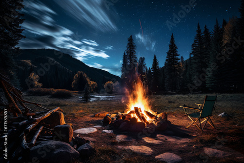 Serene camping scene at night, where a warm and inviting campfire flickers under a sky filled with countless twinkling stars. Ai generated