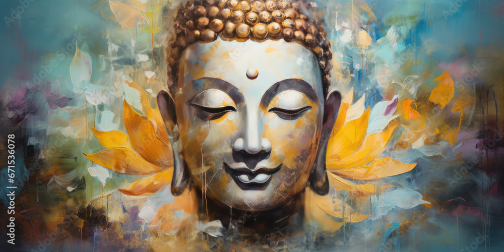 Abtract painting of golden buddha and lotus