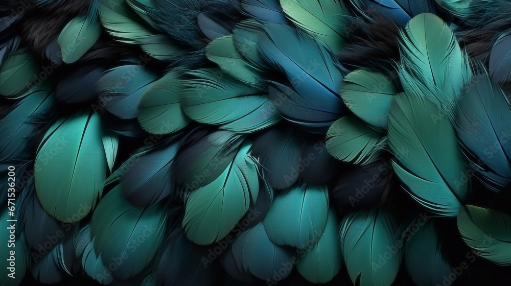 Abstract background of bright turquoise feathers. Illustration, wallpaper. - obrazy, fototapety, plakaty 