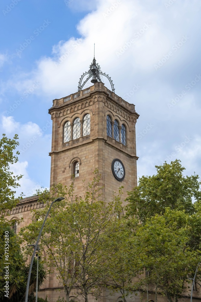 A clock tower of the historical building hosting Faculty of Philology and Communications of the University of Barcelona