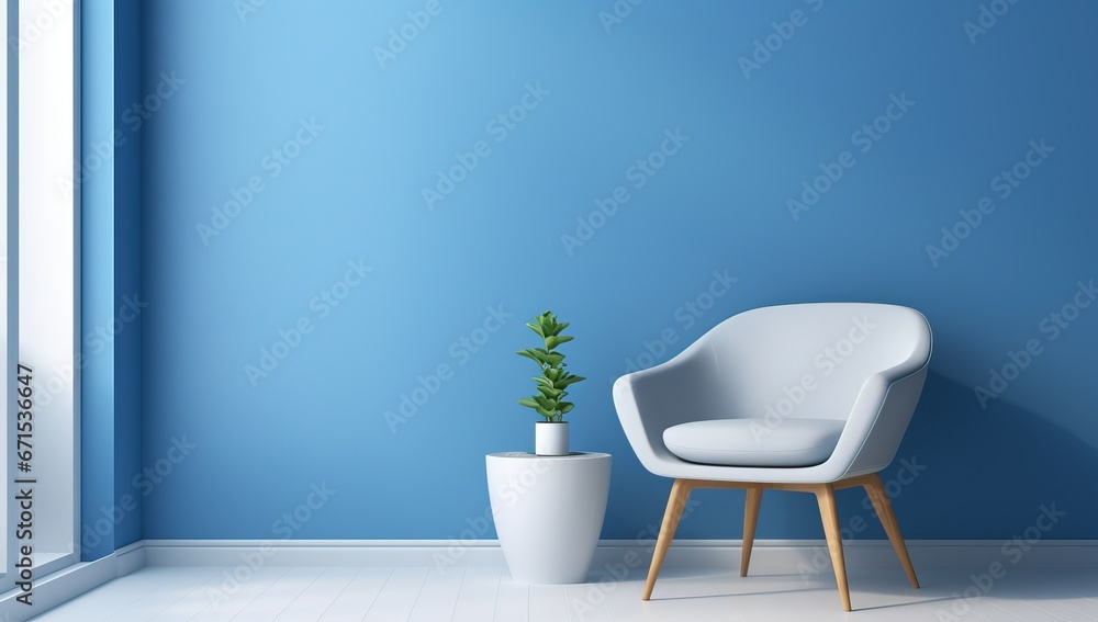 Blue living room with a white armchair and a plant in a vase Blue living room with a white armchair and a plant in a vase