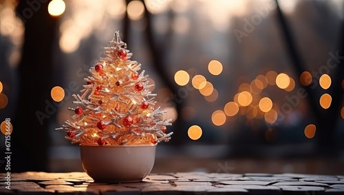 Christmas tree in a pot on a background of bokeh lights