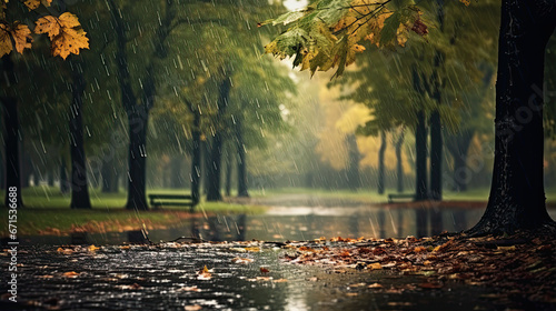 landscape autumn rain drops splashes in the forest background, october weather landscape beautiful park photo