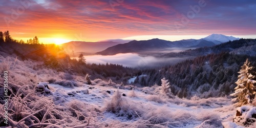 Winter Sunrise Over Snowy Mountains