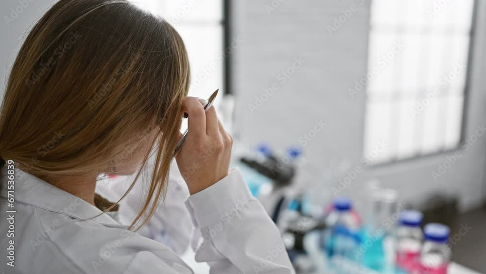 Attractive young blonde scientist hard at work, wearing safety glasses, deep in analysis and discovery in lab laboratory Attractive young blonde scientist hard at work, wearing safety glasses, deep in analysis and discovery in lab laboratory