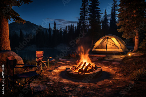 Serene camping scene at night, where a warm and inviting campfire flickers under a sky filled with countless twinkling stars. Ai generated