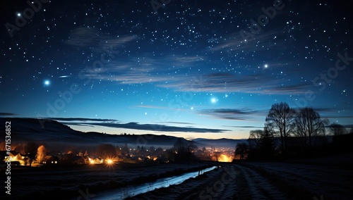 A serene night sky with stars illuminating a peaceful village