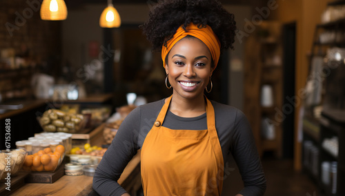 african american woman working at cafe or coffee shop and smiling