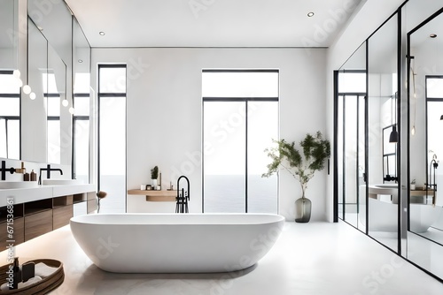 A minimalistic and monochromatic bathroom with clean lines  large mirrors  and a freestanding bathtub 