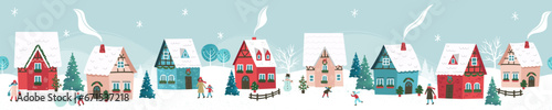 Cute hand drawn seamless Winter landscape with happy people playing, shopping, walking, Vector horizontal banner winter wonderland