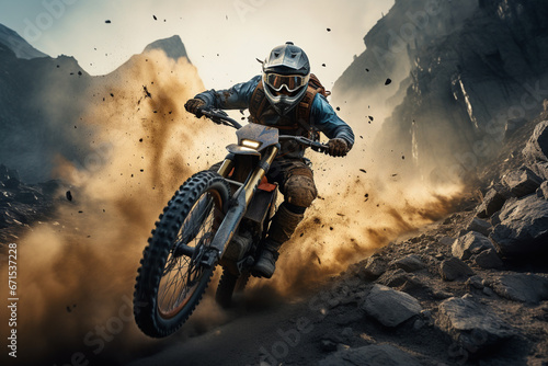 Fearless man tearing down a rugged trail on his extreme sports motorbike, sending dust and gravel flying in his wake. Ai generated photo