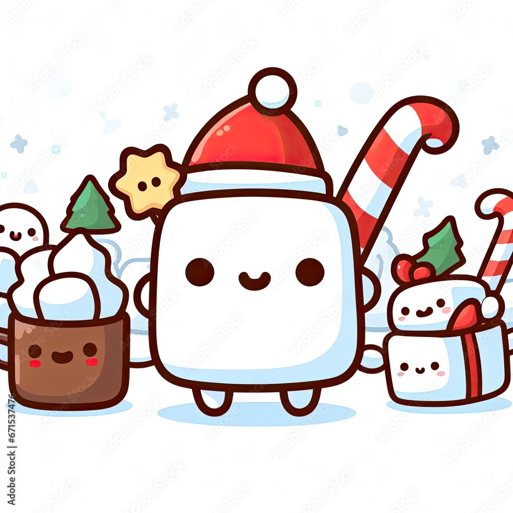 Naklejka premium white background, cute character, Christmas, marshmallow cocoa