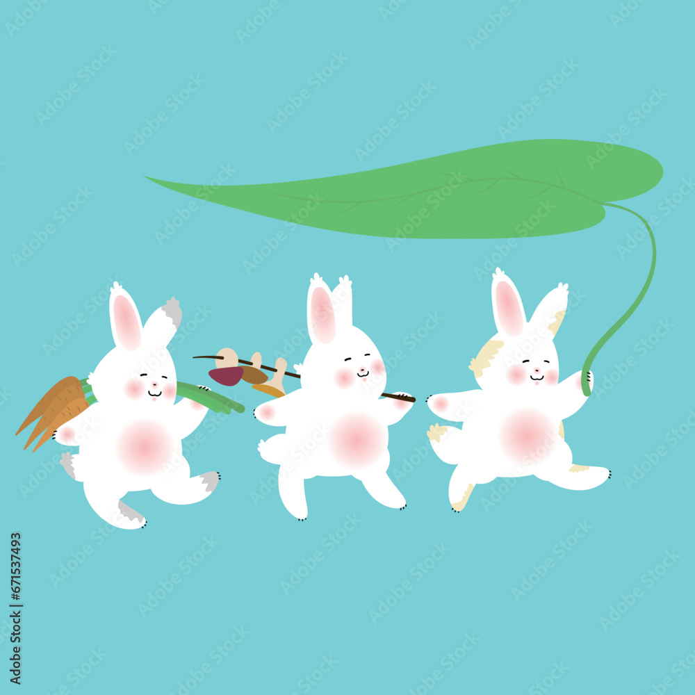 Obraz premium Happy rabbits, having got food, return home.