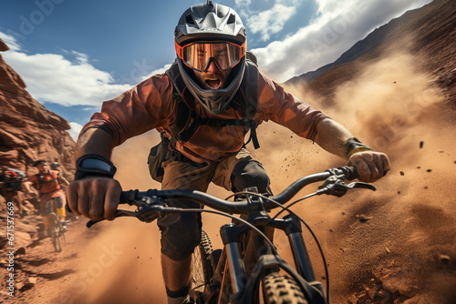 Fearless man tearing down a rugged trail on his extreme sports motorbike, sending dust and gravel flying in his wake. Ai generated © twindesigner