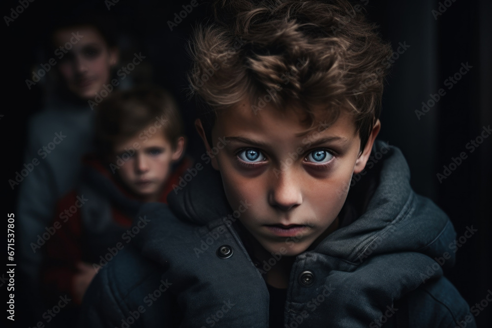 Group of homeless teenage children stands in a dark gateway. Kid gang of friends. Caucasian teenager looking at camera on the street Group of homeless teenage children stands in a dark gateway. Kid gang of friends. Caucasian teenager looking at camera on the street