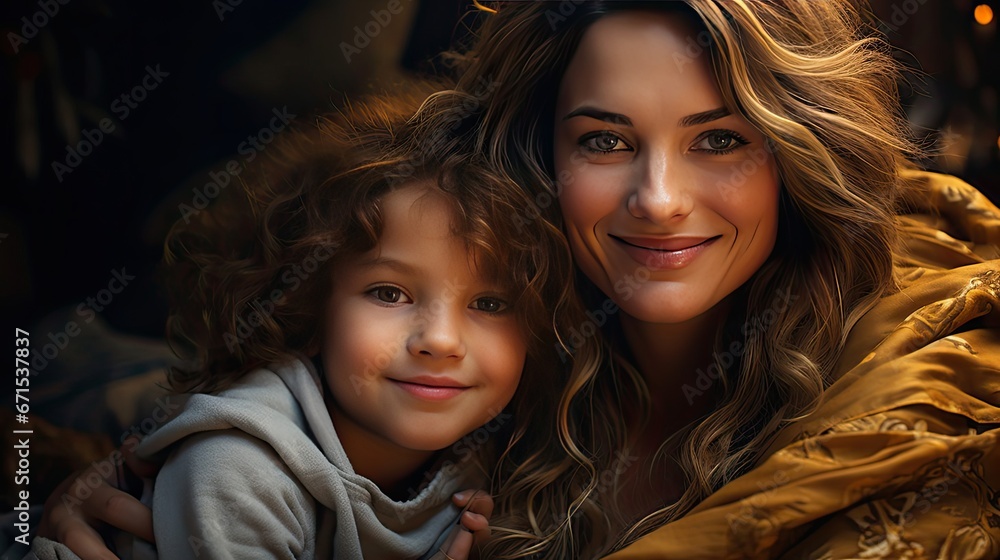 Smile, selfie and mother with child on a bed hug, love and bonding in their home together. Portrait, embrace or woman with son in bedroom waking up. People portrait illustration. Generative AI Smile, selfie and mother with child on a bed hug, love and bonding in their home together. Portrait, embrace or woman with son in bedroom waking up. People portrait illustration. Generative AI