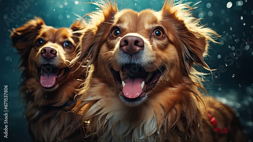 Banner two smiling dogs with happy expression. and closed eyes. Smile emotion illustration. Generative AI