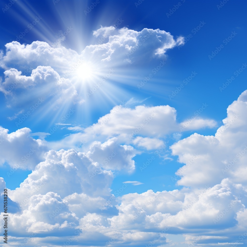 a blue sky with clouds and sun