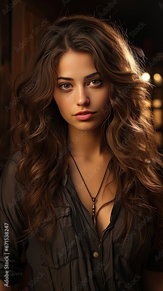 Beautiful brunette with brown lipstick on her lips. Pretty girl with long brown hair. Closeup portrait of a Brunette young woman. Woman portrait illustration. Generative AI Beautiful brunette with brown lipstick on her lips. Pretty girl with long brown hair. Closeup portrait of a Brunette young woman. Woman portrait illustration. Generative AI