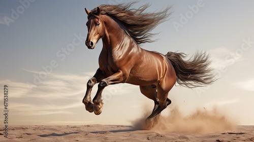  a horse running in the sand with its front legs in the air and it's rear legs in the air.  generative ai © Anna