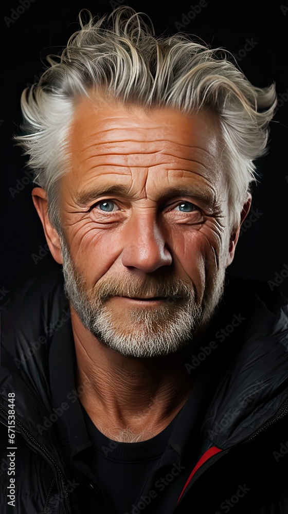 Obraz premium Close up portrait of an elegant senior man blue eyed and with grey hair on background. Man face portrait illustration. Generative AI