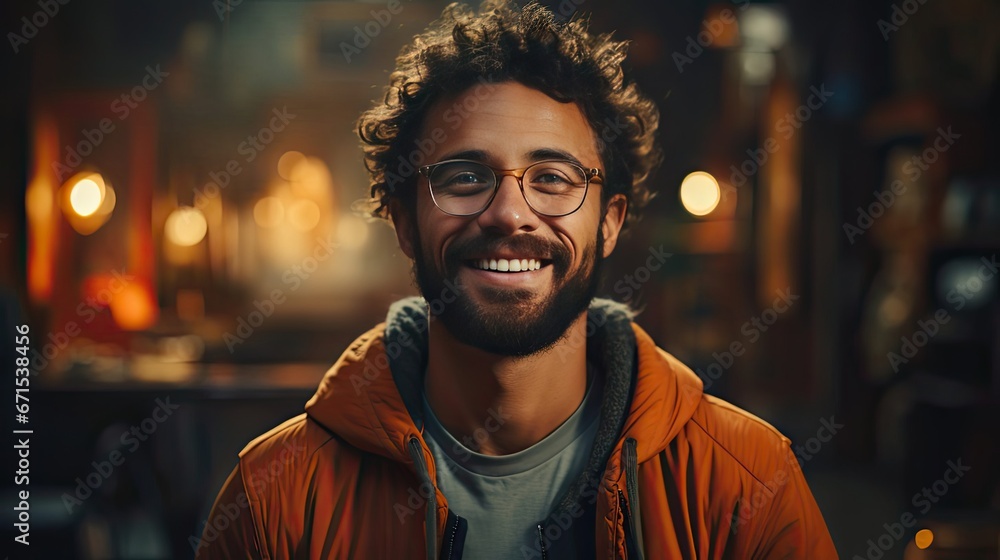 Young handsome man with beard wearing casual sweater and glasses over background happy face smiling with crossed arms looking at the camera. Smile emotion illustration. Generative AI - obrazy, fototapety, plakaty 