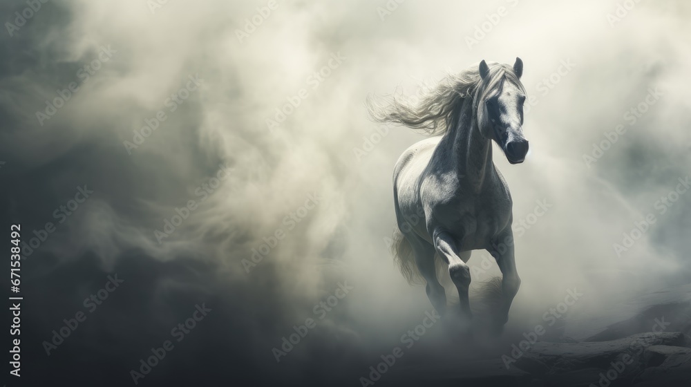a white horse is galloping through the clouds in a black and white ...