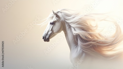  a painting of a white horse with long hair blowing in the wind, on a white background, with a light colored background. generative ai