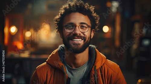 Young handsome man with beard wearing casual sweater and glasses over background happy face smiling with crossed arms looking at the camera. Smile emotion illustration. Generative AI photo