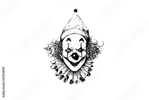 Creepy clown head hand drawn ink sketch. Engraved style vector illustration.