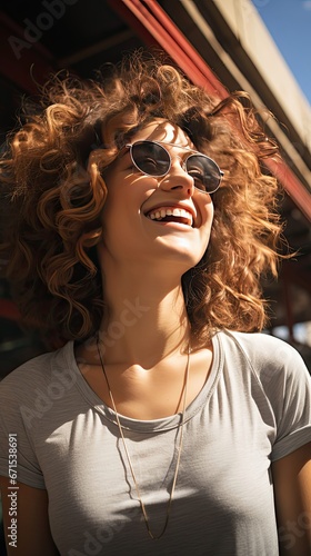 Young woman with curly hair laughing while standing outside in a park on a sunny summer afternoon. Smile emotion illustration. Generative AI