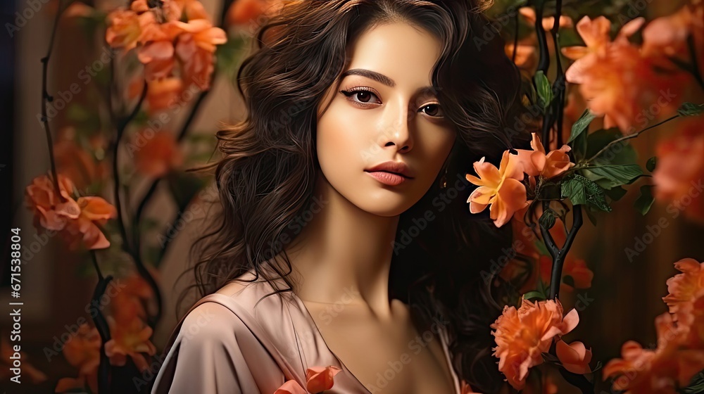 Beautiful young asian woman with clean fresh skin on beige background, Face care, Facial treatment, Cosmetology, beauty and spa, Asian women portrait. Model illustration. Generative AI