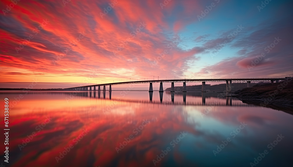 a beautiful sunset at a beach with a bridge