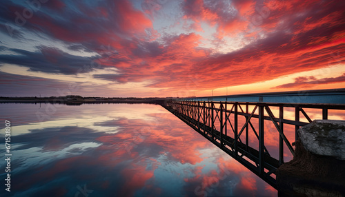 a beautiful sunset at a beach with a bridge © Kien