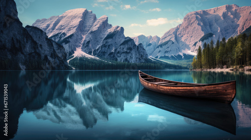 high view canoes at the lake with mountains in the background