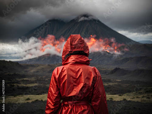 Back view of a woman standing with a vivid red raincoat with hood, gazing from afar at a blurred background with a volcano.