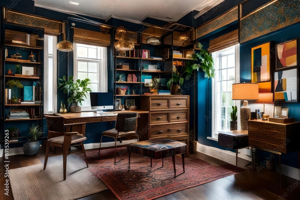 A vibrant and eclectic home office with a mix of patterns, art, and unique furniture pieces, showcasing the creativity and individuality of an artistically inspired interior