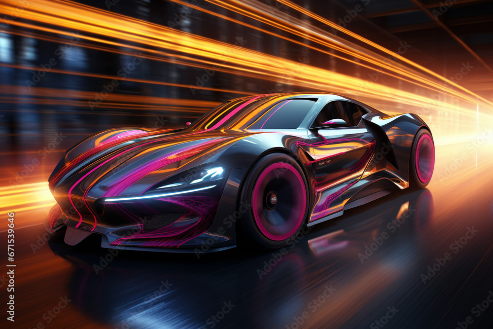 Futuristic sports car in high-speed motion. The dynamic composition showcases the car's sleek design, blazing trail of lights and innovation. Ai generated Futuristic sports car in high-speed motion. The dynamic composition showcases the car's sleek design, blazing trail of lights and innovation. Ai generated
