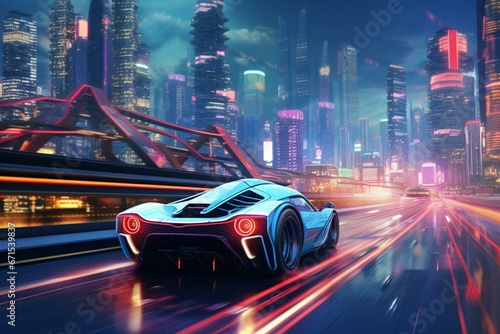 A futuristic race car speeding through a vibrant cityscape with neon lights and beautiful architecture. Generative AI photo
