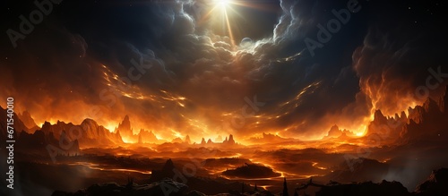 Dramatic religious background - hell realm, bright lightnings in dark red apocalyptic sky