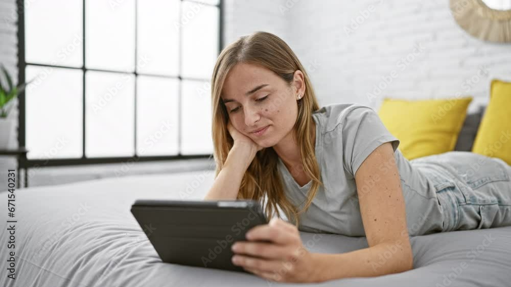 Relaxed, confident young blonde woman enjoying her morning, smiling and happily using her touchpad while comfortably lying in bed, revelling in the cosy comfort of her bedroom indoors. Relaxed, confident young blonde woman enjoying her morning, smiling and happily using her touchpad while comfortably lying in bed, revelling in the cosy comfort of her bedroom indoors.